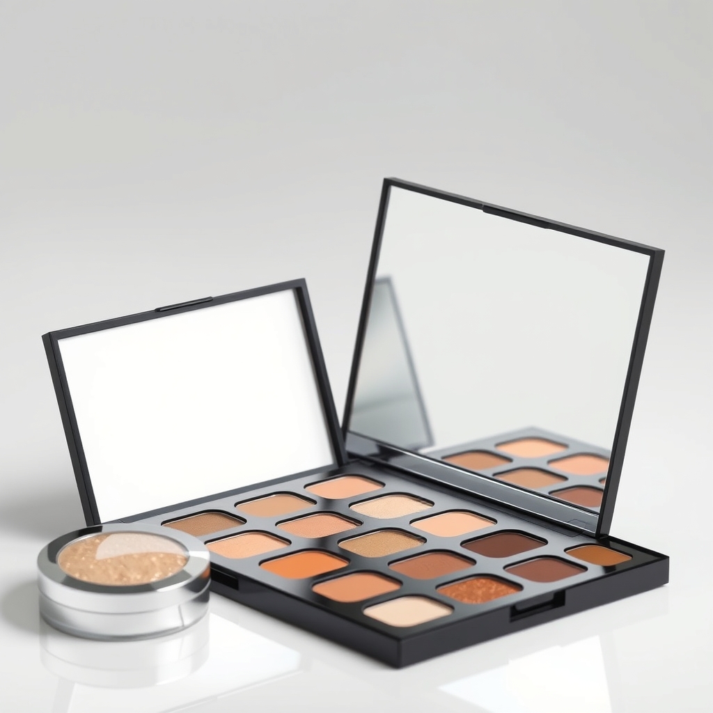 an open luxury makeup palette beside a budget-friendly highlighter in a bright studio