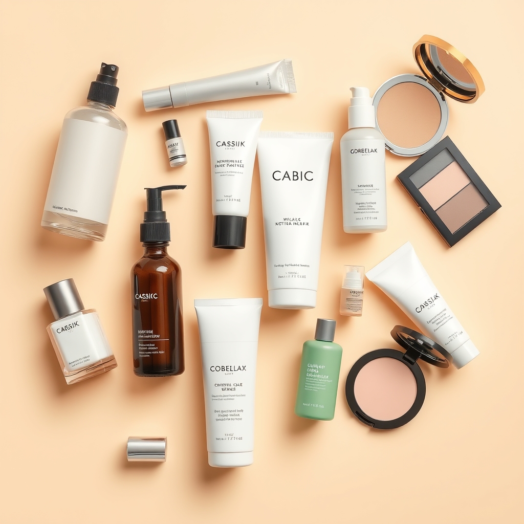 best beauty dupes - clean flat lay of affordable cosmetic bottles, tubes, and makeup compacts on a minimalist beige background