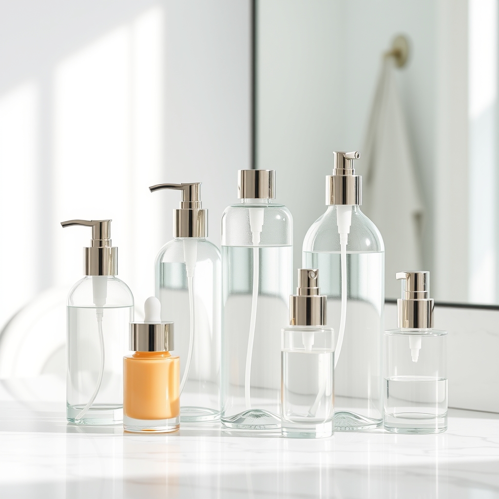 clear glass skincare bottles and pumps sitting on a marble bathroom vanity with soft natural daylight