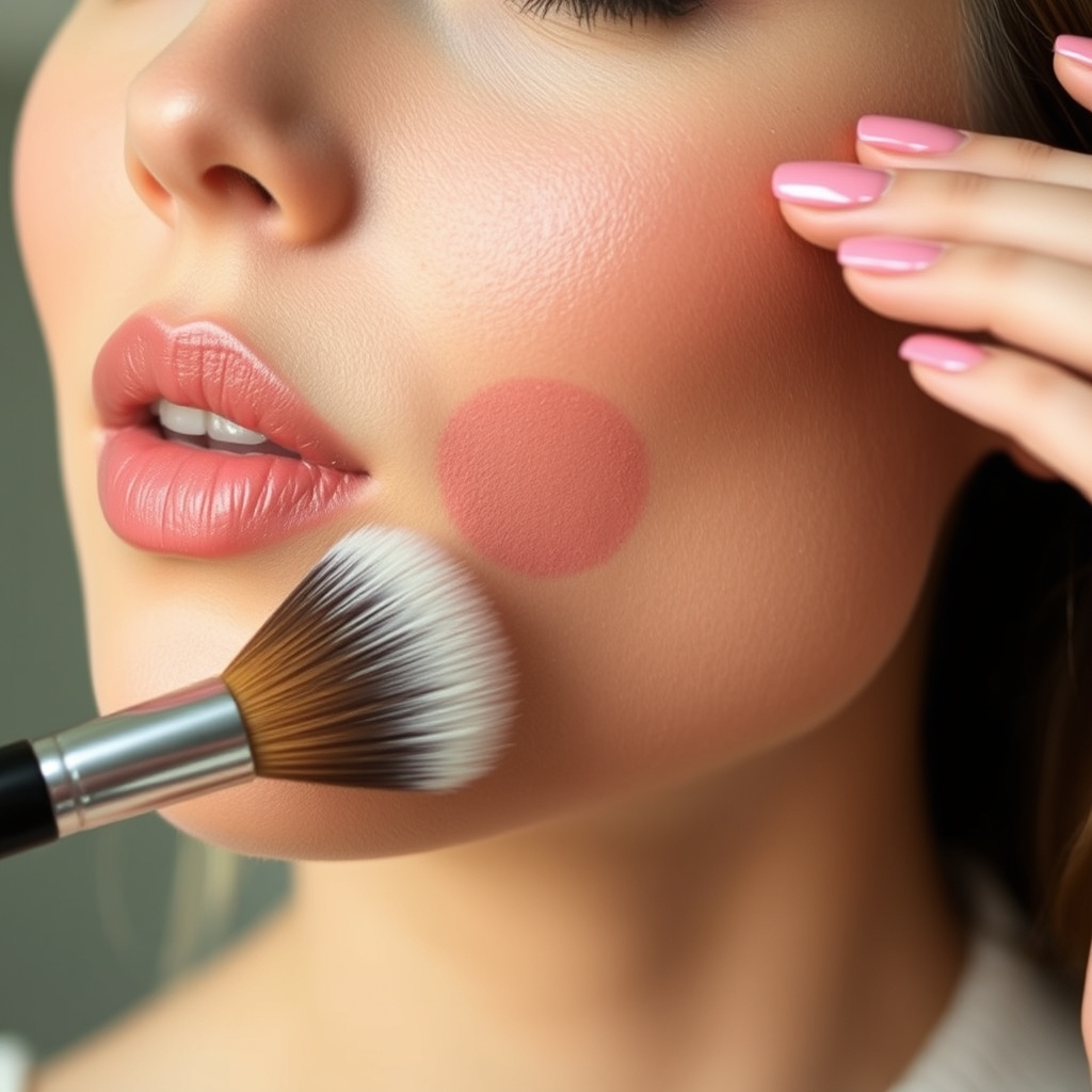 close up of a woman applying hydrating liquid blush to her cheekbones with a soft makeup brush