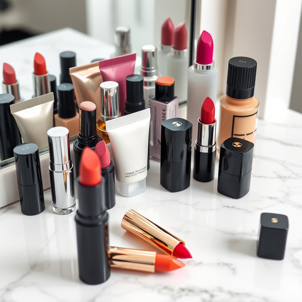 affordable beauty dupes - close-up of colorful cosmetics, lipstick tubes, and foundation bottles arranged on a white marble vanity