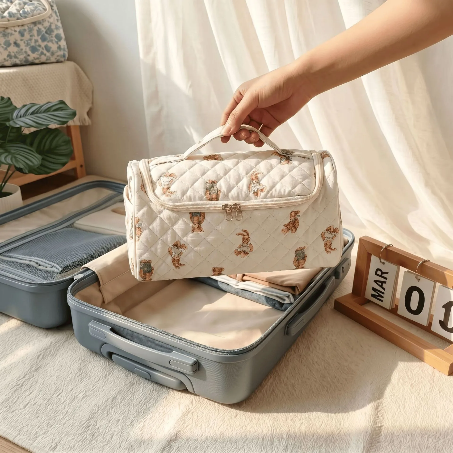 Large Capacity Hanging Travel Makeup Bag, Quilted Cotton Cosmetic - view 13