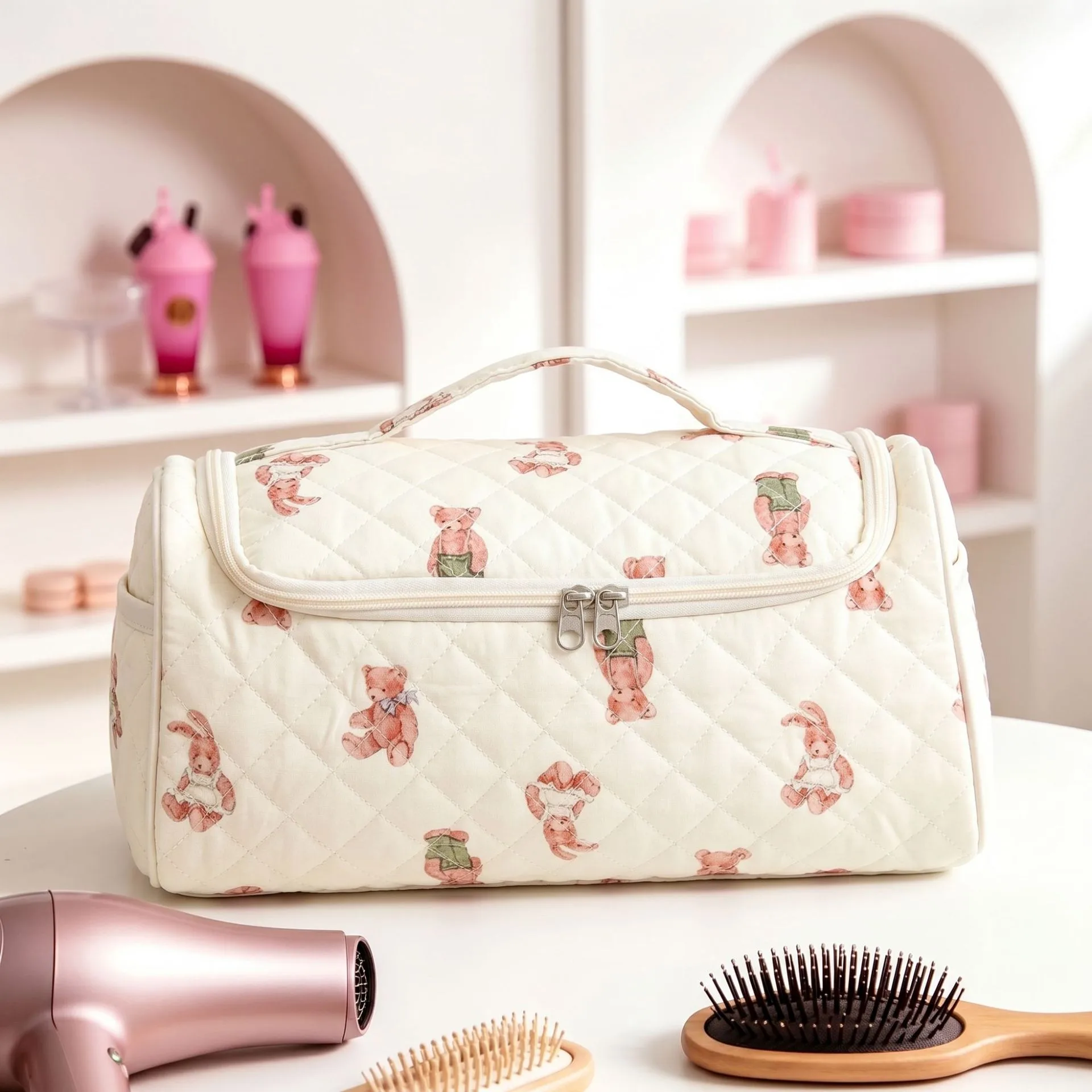 Large Capacity Hanging Travel Makeup Bag, Quilted Cotton Cosmetic - view 6