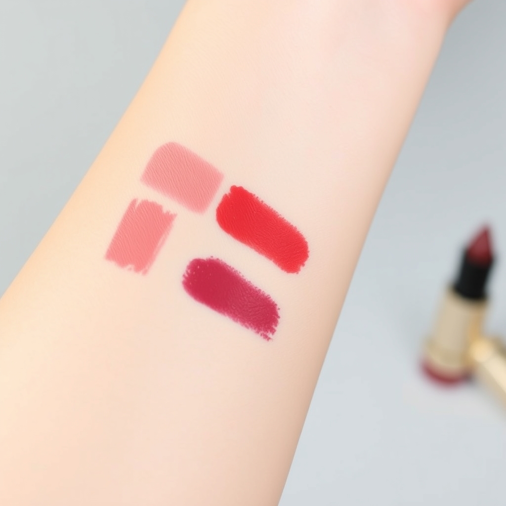 lipstick color swatches in dusty rose, classic red, and deep plum displayed along a person's inner forearm