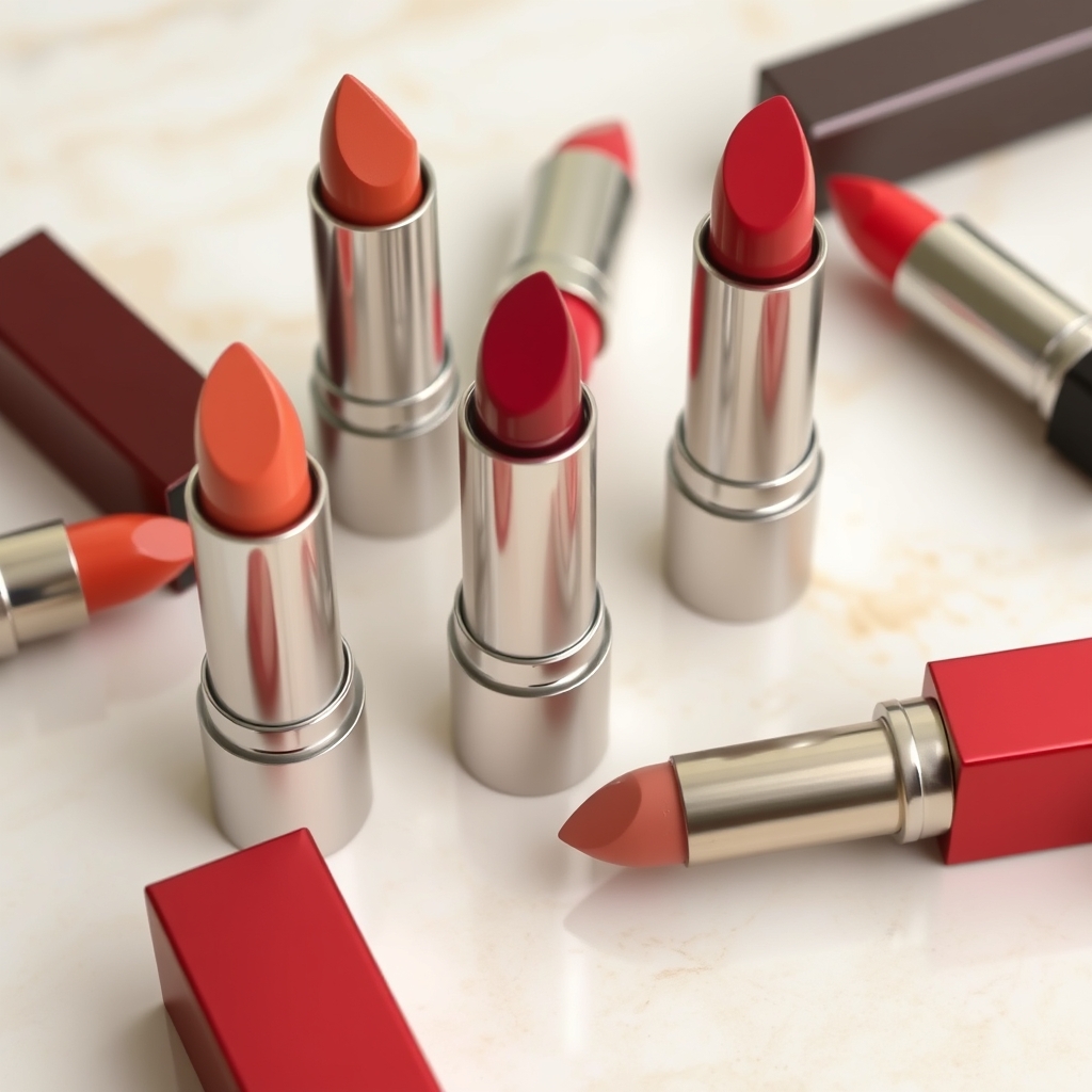 lipstick dupes - various lipstick bullets in sleek metal and matte packaging arranged on a light beige marble surface