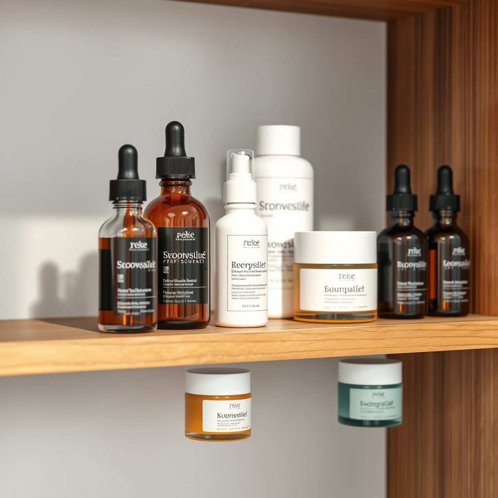 various skincare dropper bottles and hydrating creams displayed on a wooden shelf