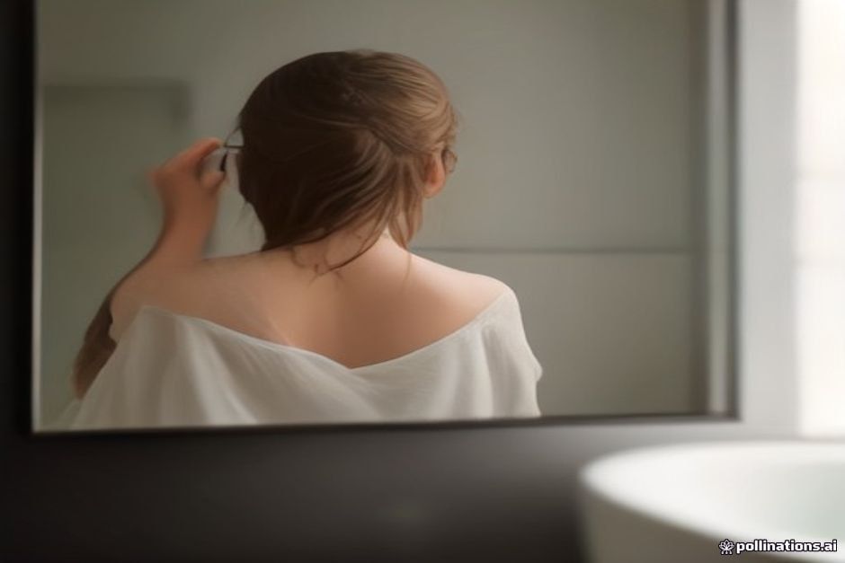 thinning hair solutions - woman examining thinning hair at crown in bathroom mirror with focused expression